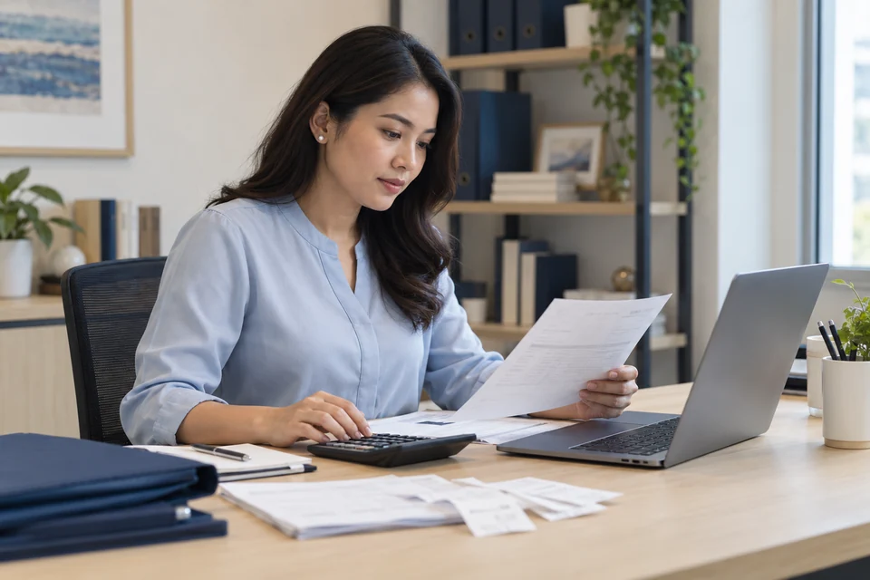 Illustrative scene of a woman reviewing financial records with a calculator and laptop.